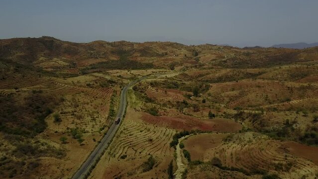 Aerial view of Konso mountain road KonsoOmo Valley Ethiopia