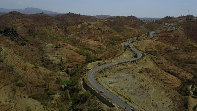 Aerial view of Konso mountain road KonsoOmo Valley Ethiopia