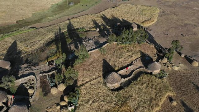 Aerial view of a Village with tukuls in the highlands AmharaWeldiya Ethiopia