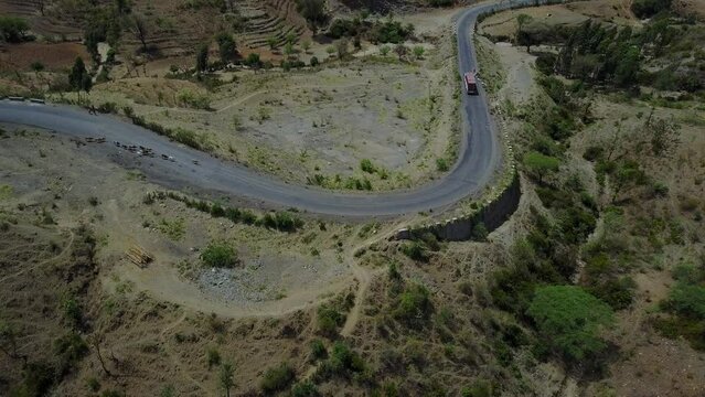 Aerial view of Konso mountain road KonsoOmo Valley Ethiopia