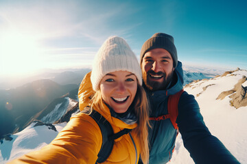 Fototapeta na wymiar Selfie of a man and a woman on top of a mountain. Climbing mountains