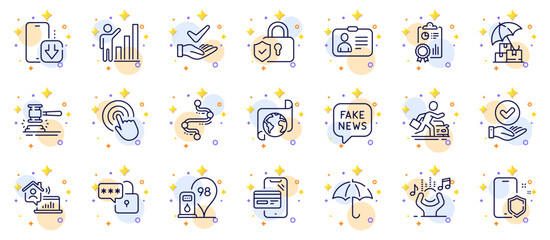 Outline set of Timeline, Translation service and Id card line icons for web app. Include Work home, Petrol station, Dermatologically tested pictogram icons. Fake news, Auction hammer. Vector