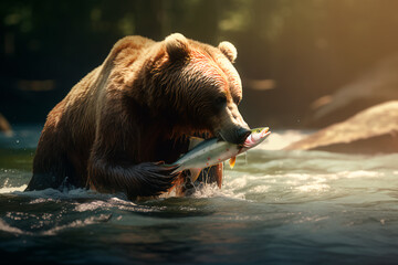 Fototapeta premium Brown bear catches fish in the river