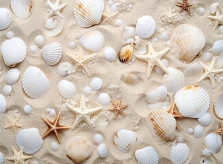 Seashells on sand. Sea summer vacation background with space for the text. Created with Generative AI technology.