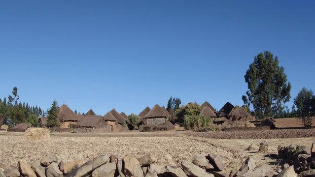 Stone houses village in the highlands Amhara Debre Birhan Ethiopia