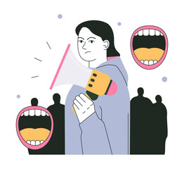 Protest. People on demonstration. Angry female character holding a megaphone