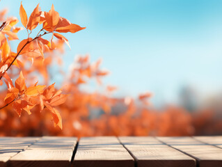 紅葉した枝葉、木製のテーブルに青空の背景フレーム。生成AI - obrazy, fototapety, plakaty