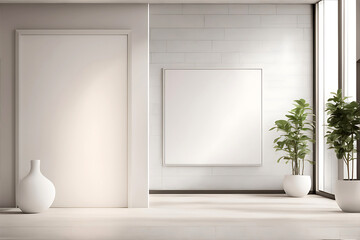 Perspective view of blank light wall with place for poster or banner in a beautiful and awesome office corridor interior. 3D Rendering mockup. Created with generative Ai.