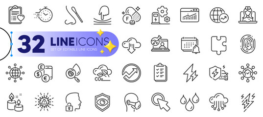 Outline set of Co2 gas, Waterproof and Website statistics line icons for web with Audit, Telemedicine, Car charging thin icon. Fingerprint, Home facility, International globe pictogram icon. Vector