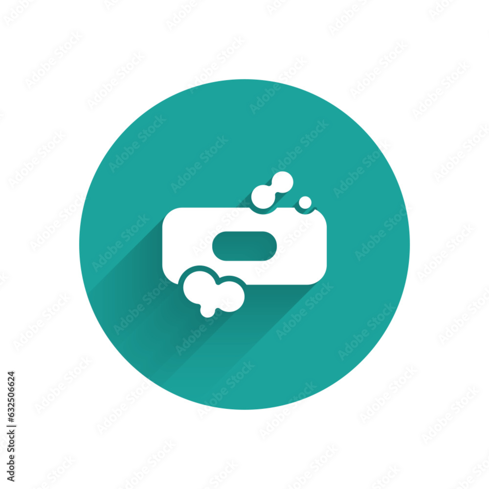 Poster white bar of soap icon isolated with long shadow. soap bar with bubbles. green circle button. vector