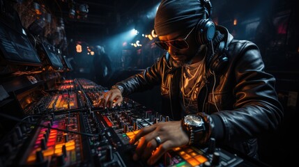 The DJ at the center of the club commands the decks, skillfully mixing tracks that keep the crowd moving and grooving all night long. Generative AI