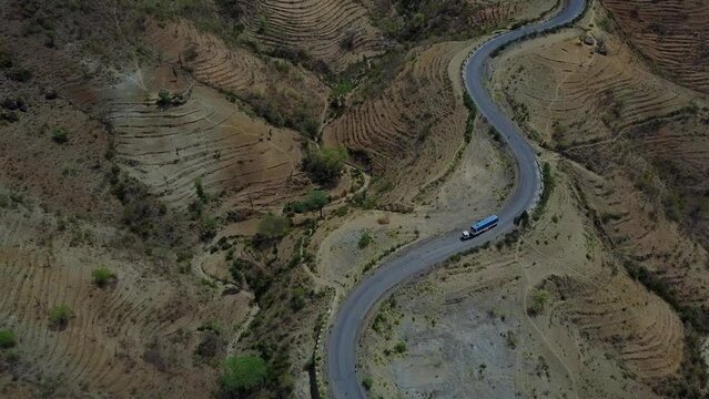 Aerial view of Konso mountain road KonsoOmo Valley Ethiopia