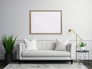 Picture frame mockup, set against a pristine white backdrop, with the inviting atmosphere of a homely living room generative ai