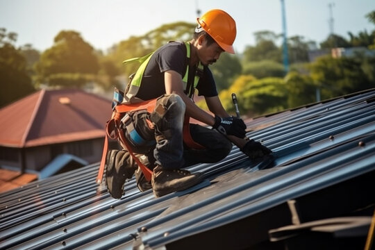 A worker fixing a rooftop and a male installing or fixing a solar panel or rooftop in the daytime. 
