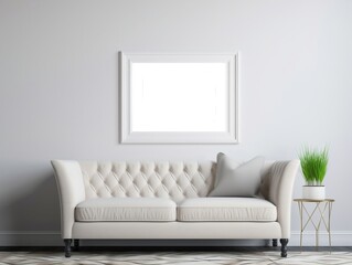 Picture frame mockup, set against a pristine white backdrop, with the inviting atmosphere of a homely living room generative ai