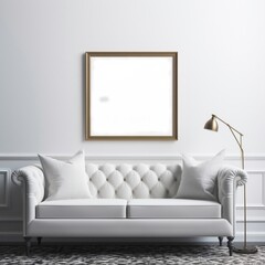 Picture frame mockup, set against a pristine white backdrop, with the inviting atmosphere of a homely living room generative ai