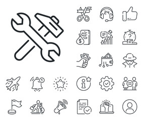 Fix service sign. Salaryman, gender equality and alert bell outline icons. Repair line icon. Wrench and hammer tool symbol. Repair line sign. Spy or profile placeholder icon. Vector