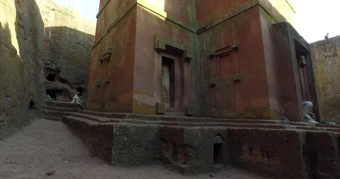 At the foot of Monolithic rock-cut church of bete giyorgis Lalibela Ethiopia