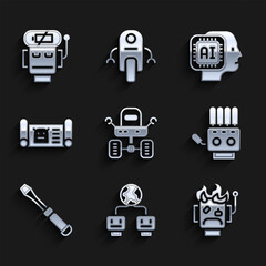 Set Mars rover, Artificial intelligence, Robot burned out, Mechanical robot hand, Screwdriver, blueprint, Humanoid and low battery charge icon. Vector