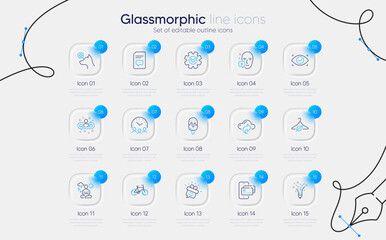 Set of Smile, Cogwheel and Ice cream line icons for web app. Comments, Biometric eye, Face declined icons. Recruitment, Slow fashion, Bicycle signs. Phone pay, Veterinary clinic, Yoga. Vector