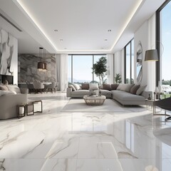 Interior home design with white Italian marble which is shiny generative ai