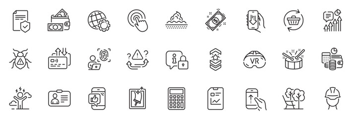 Icons pack as Kpi, Click and Mobile like line icons for app include Report document, Shoulder strap, Calculator outline thin icon web set. Deckchair, Foreman, Skin care pictogram. Vector