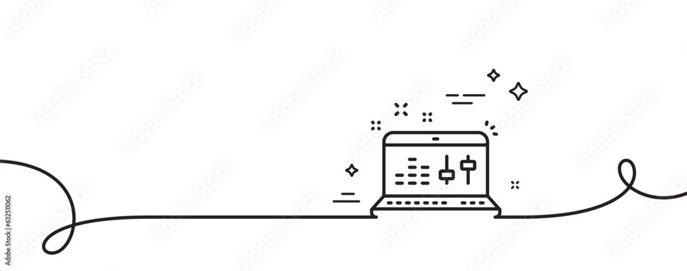 Poster sound check line icon. continuous one line with curl. dj controller sign. musical app on laptop symb
