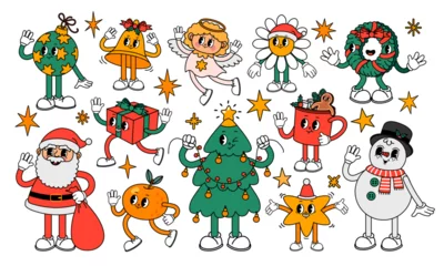 Papier Peint photo Robot Christmas retro element. Cartoon groovy 30s cute characters. Holiday symbols, new year stickers. Vintage Santa Claus and funny snowman, xmas angel, mascot tree and gift. Vector set
