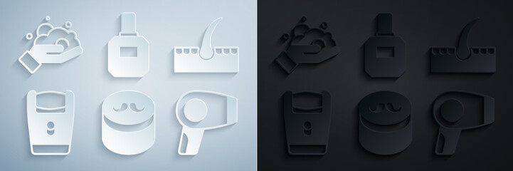 Obraz premium Set Gel or wax for hair styling, Human follicle, Electric razor blade, Hair dryer, Aftershave and Shaving foam on hand icon. Vector