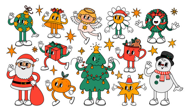 Naklejki Christmas retro element. Cartoon groovy 30s cute characters. Holiday symbols, new year stickers. Vintage Santa Claus and funny snowman, xmas angel, mascot tree and gift. Vector set