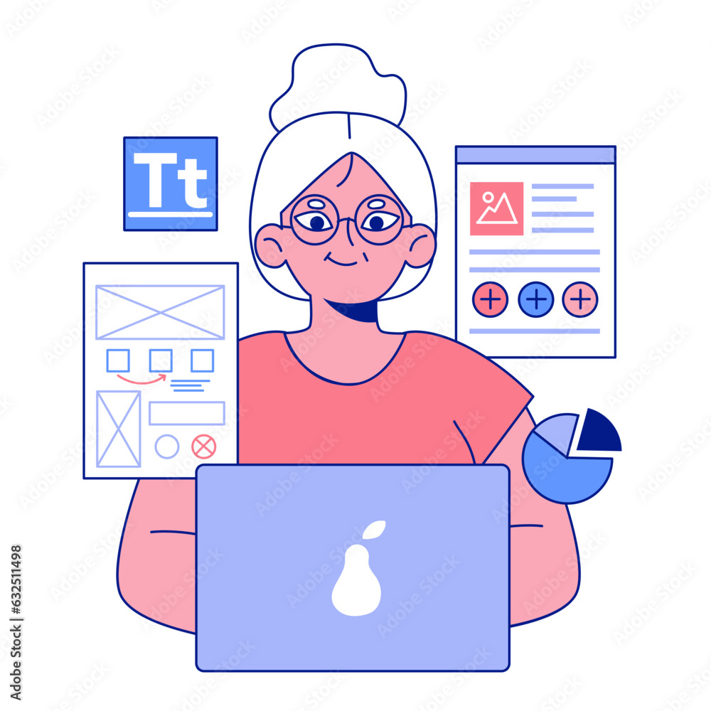 Poster senior developer. old woman programming and coding. developing