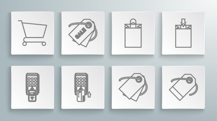 Set line POS terminal with printed reciept and confirms the payment by smartphone, Pos inserted credit card, Blank label template price, Paper shopping bag, and Shopping cart icon. Vector