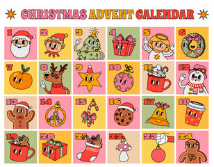 Christmas advent calendar. Groovy countdown numbers frame with xmas groovy characters. December retro posters template with holiday elements. Season noel stickers. Vector concept