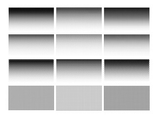 Halftone gradient. Dot gradation pattern. Duotone background, black and white fade texture. Graphic retro effect, abstract geometric grid. Pop art tone print. Vector set