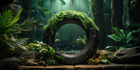 Tire shaped podium on jungle background. Generative AI