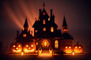 Fototapeta na wymiar Haunted mansion horror scene with carved Jack-o'-lantern Halloween pumpkins.