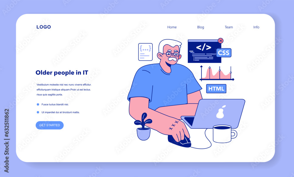 Poster senior developer web banner or landing page. oldman programming