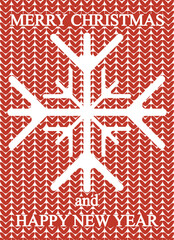 Design of Christmas greeting card with Classical red Christmas sweater embroidery of snowflake. Design of Xmas poster, banner, card, flyer with silhouette of snowflake. Vector illustration.