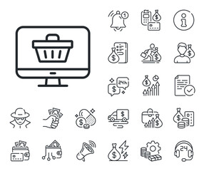 Monitor sign. Cash money, loan and mortgage outline icons. Online Shopping cart line icon. Supermarket basket symbol. Web shop line sign. Credit card, crypto wallet icon. Inflation, job salary. Vector