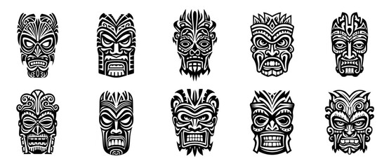 Tiki masks. Hawaiian totem god, tribal polynesian idol. Aztec or african outline black ethnic scary face mask. Isolated silhouette tattoo vector set - obrazy, fototapety, plakaty