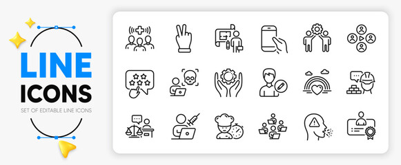 Victory hand, Lgbt and Certificate line icons set for app include Edit person, Build, Vaccination appointment outline thin icon. Video conference, Plan, Court judge pictogram icon. Vector