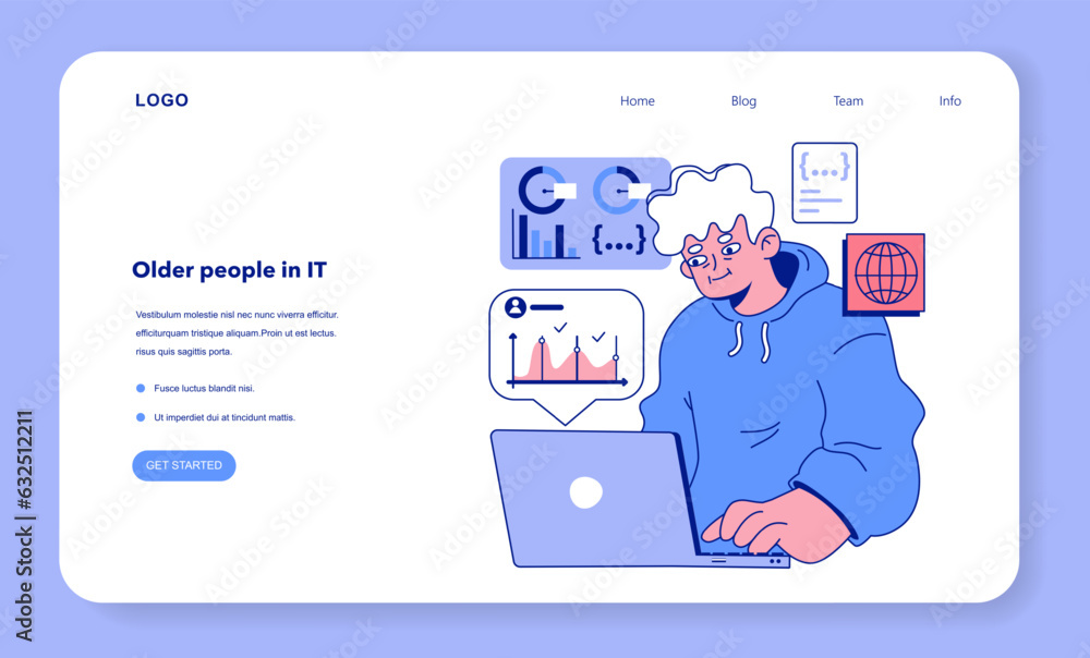 Poster senior developer web banner or landing page. oldman programming