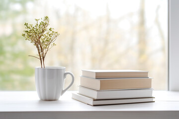 A medium-sized embossed white mug, on a white windowsill, several light-colored books
