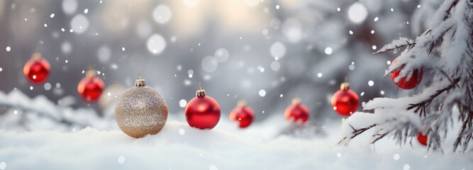 Naklejka na ściany i meble Christmas ball hanging on a snowed branch outside. Seasonal decoration. Generative AI
