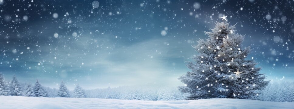 Beautiful Christmas card with a fir tree and snow with space for text. Generative AI
