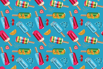 Vector abstract cute hand drawn illustration with ice cream and orange slice on blue background. The pattern is great for fabric, wallpaper, wrapping paper, postcard, layout.
