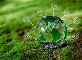 Crystal ball on moss in green forest. CO2 emission reduction concept, clean and friendly...
