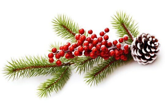 Christmas card with natural decorartion. Pine cones, red berries and pine tree branches. Generative AI