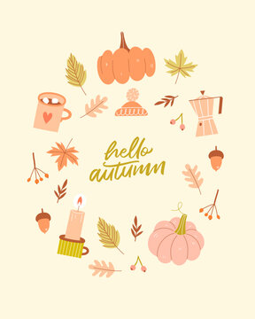 Hello Autumn lettering. Card with pumpkins and autumn leaves. 