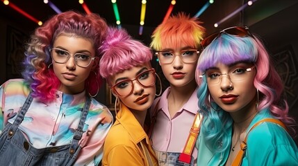 Fototapeta premium group of portrait female fashion cloth stylish costume colour hair style studio photo shoot on clour background smiling confident cheerful face expression friend group together,ai generate
